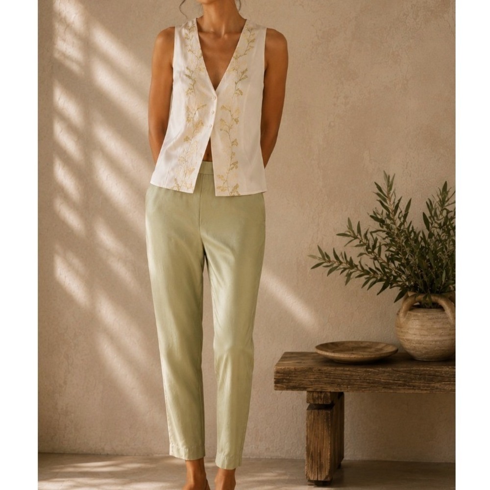 Vintage 100% Silk Trousers Straight Leg 16 Olive Green Professional Quiet Luxury